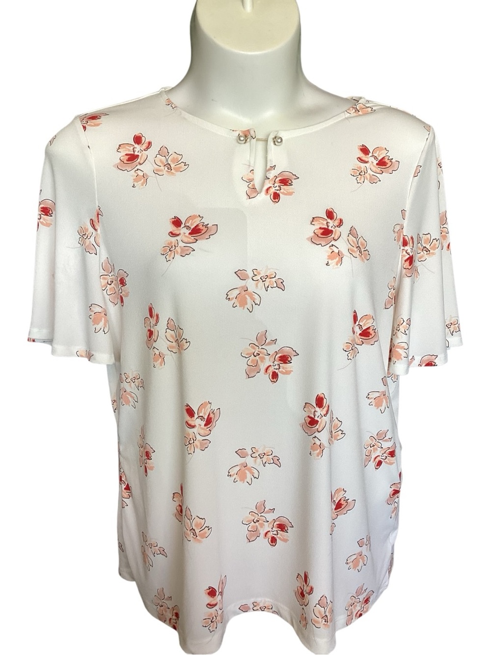 Liz Claiborne Cream Floral Keyhole Flutter Sleeve Top - Picture 4 of 9